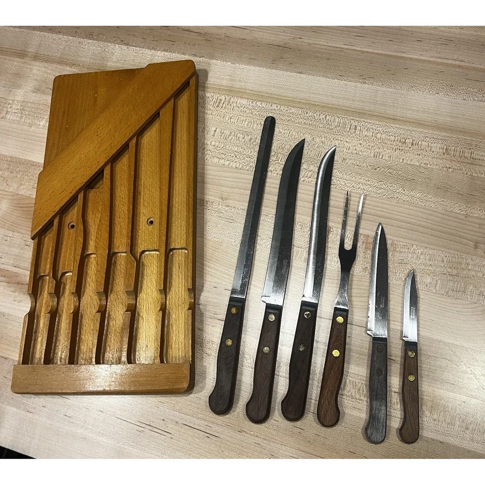 VTG Robinson Knife Co. 6 Piece Knife Fork Set In Wooden‎ Handles Made In USA